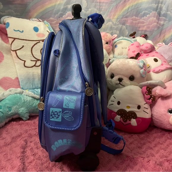 Y2k Doraemon kawaii Japanese cartoon character dark blue sparkle roll backpack - Picture 3 of 8